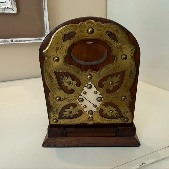 Antique Brass Mounted Wood Expandable Book Rack Victorian Folding Bookends Accents